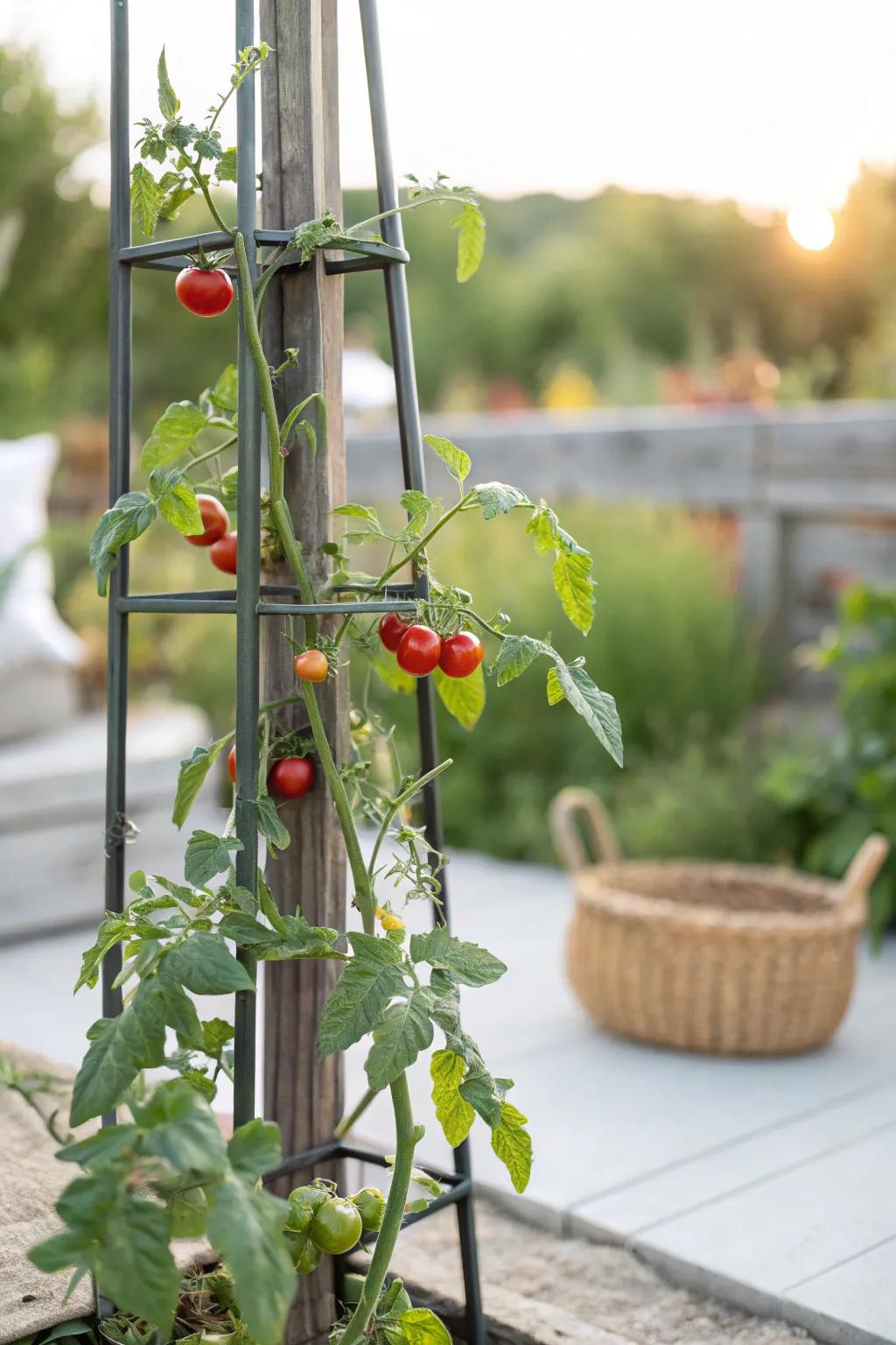 Uncomplicated elegance: The steel post support, your prime choice for thriving tomato plants in a minimalist garden.