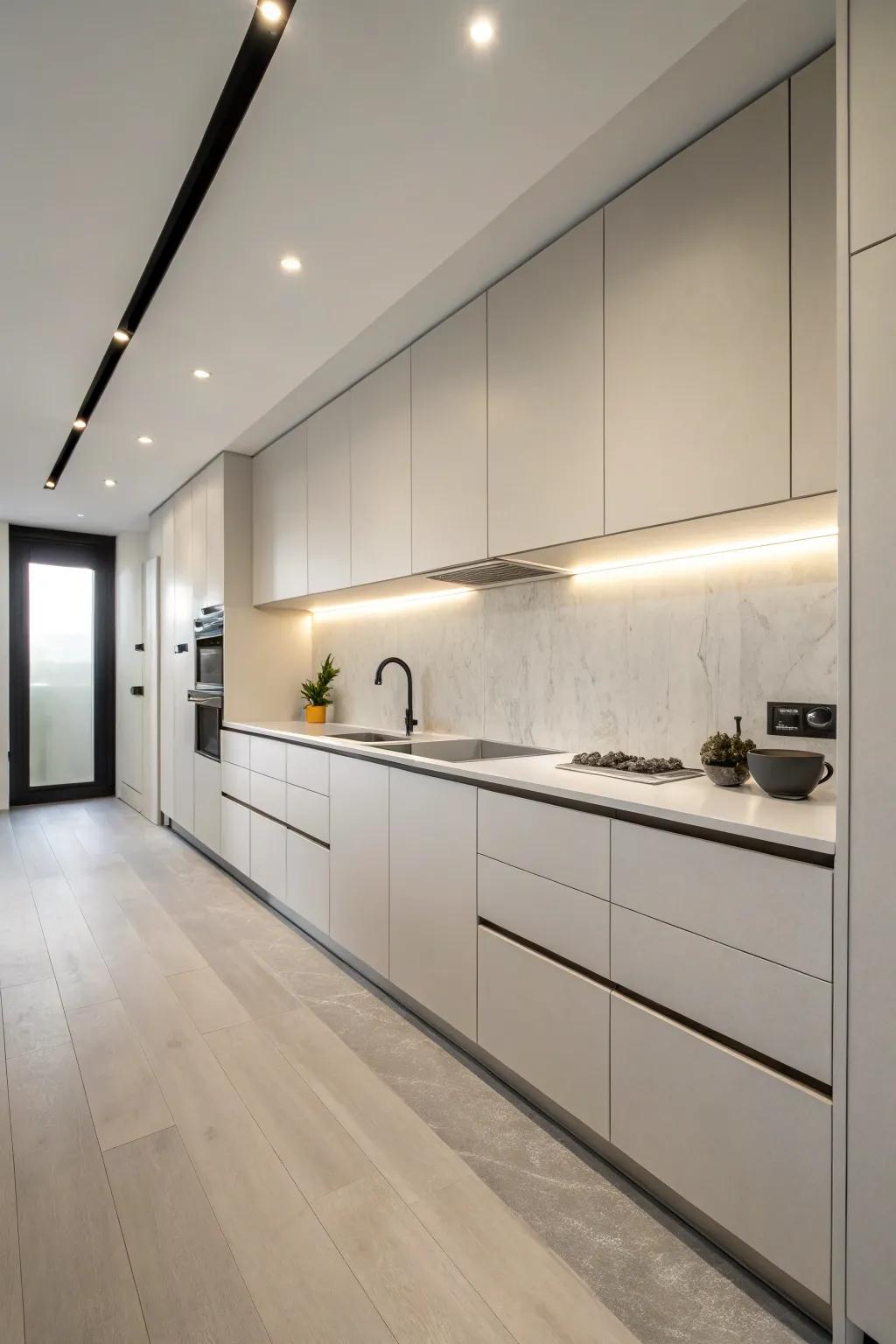 Minimalist cabinets proffer a pristine and contemporary aesthetic, streamlining the kitchen's appearance.
