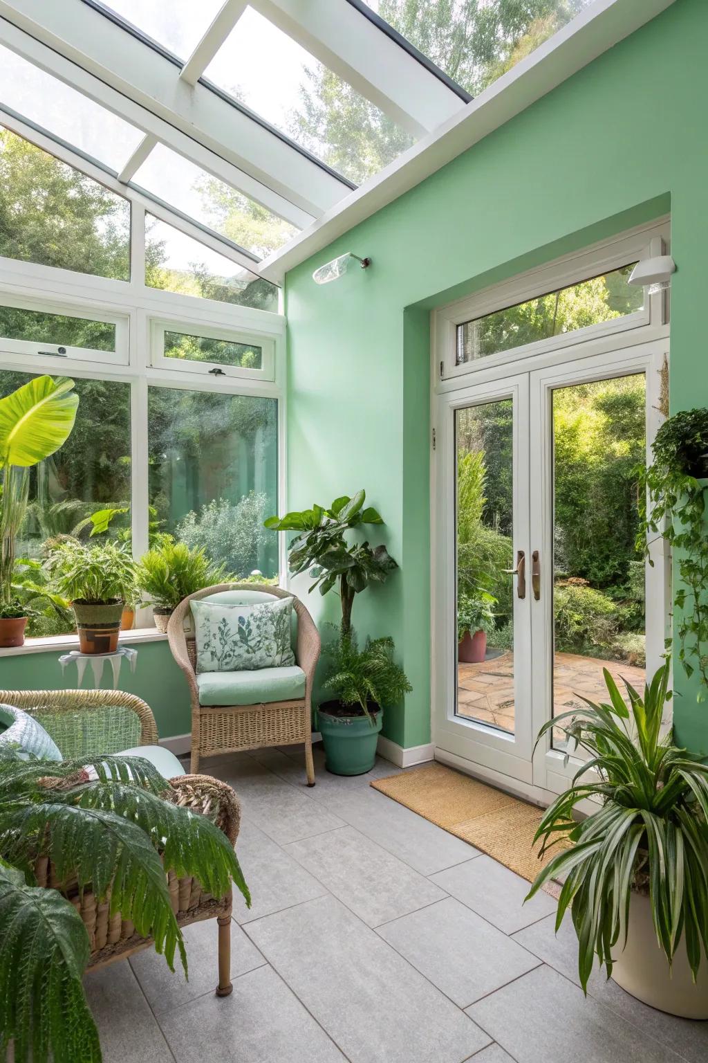 Pastel walls delivering a refreshing and energetic sunroom environment.