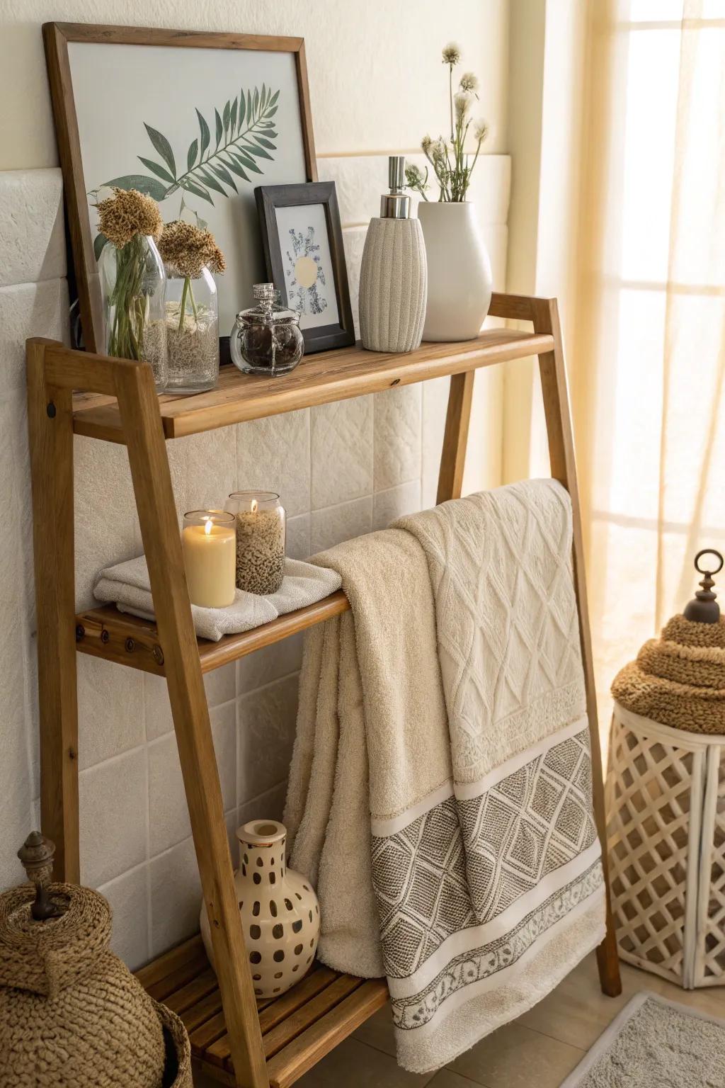 Combine storage and style with a towel rack that features an integrated shelf.