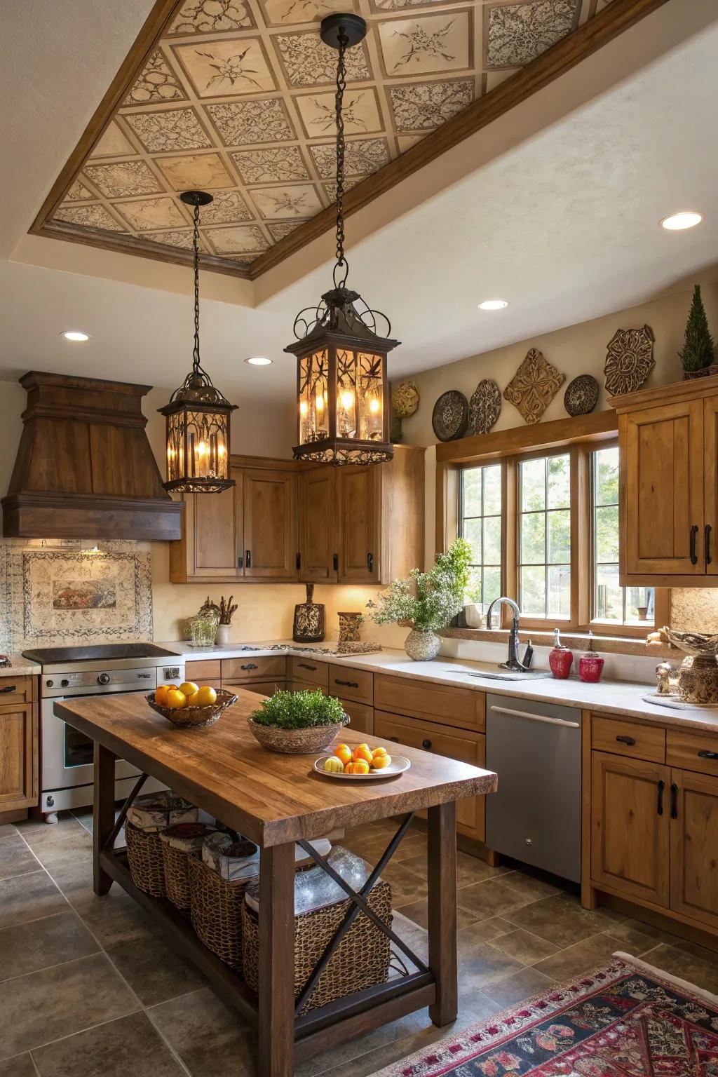 An inviting kitchen features diverse pendant lights in the tray ceiling.