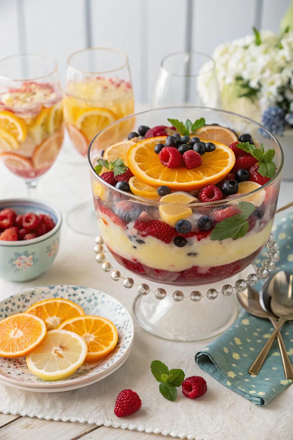 A trifle bowl functioning as a dynamic party drink centerpiece.