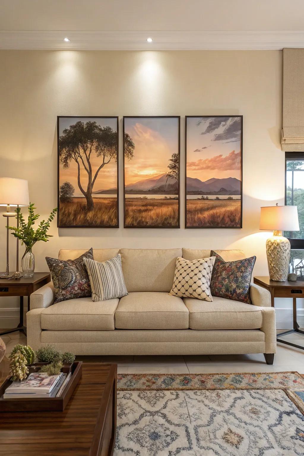 A matching triptych artwork over a stylish sofa.