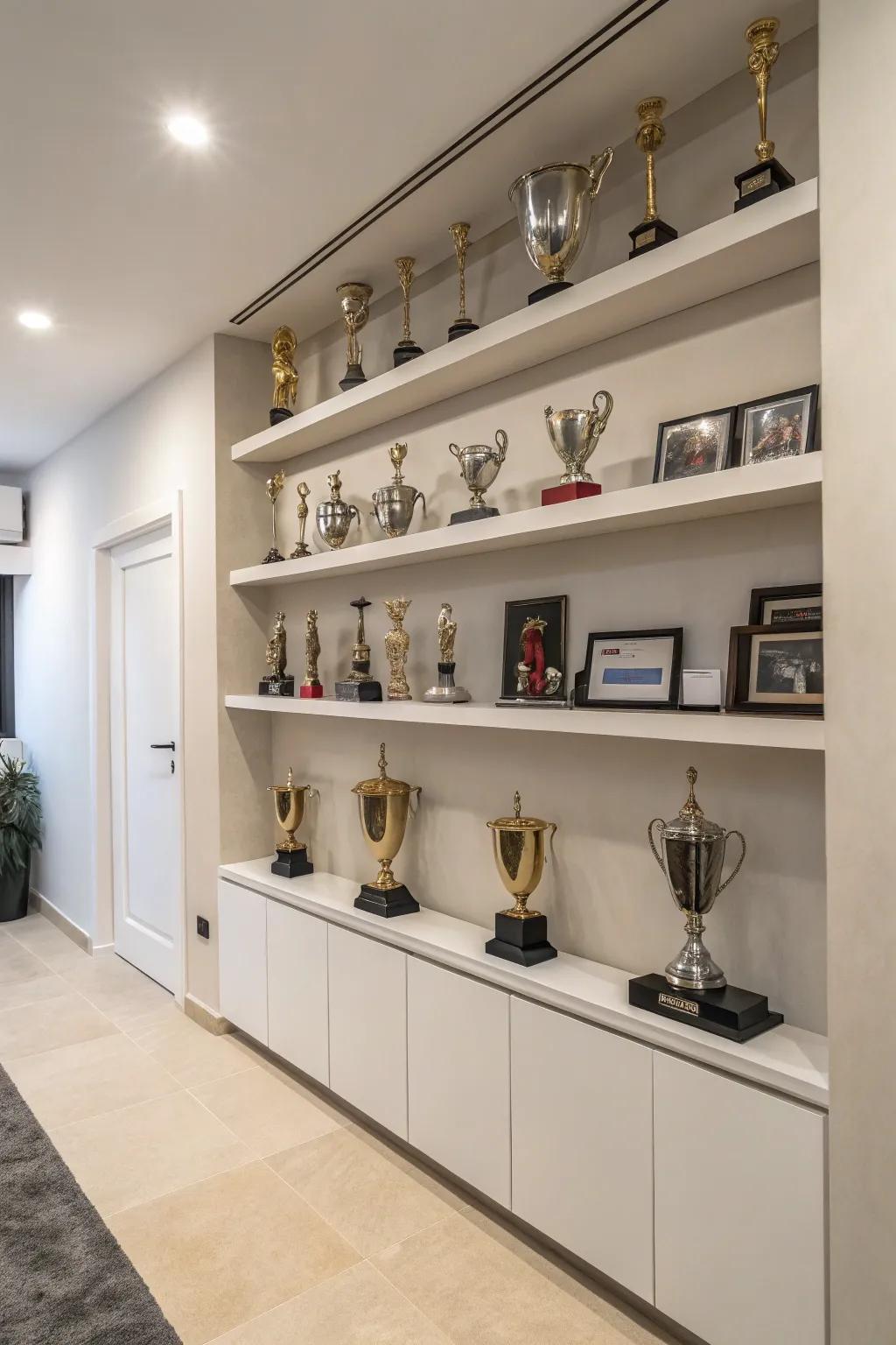 Sophisticated wall-mounted trophy shelves