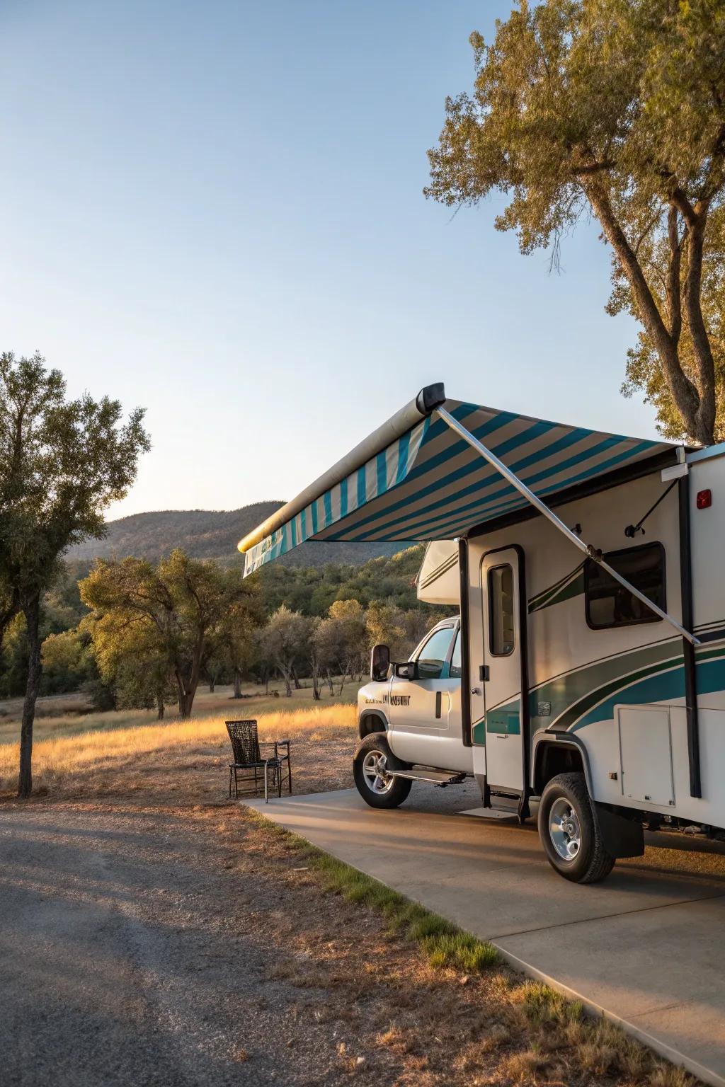 A color-coordinated awning seamlessly blends with the camper.