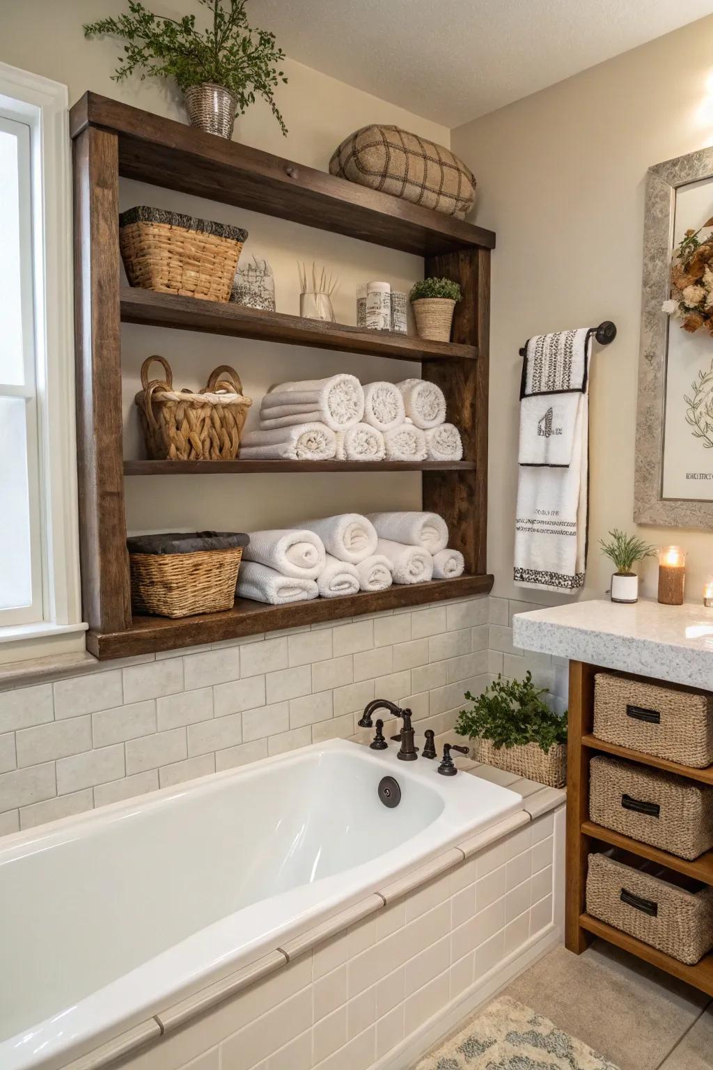 A tub surround featuring integrated shelving for stylish and practical storage.