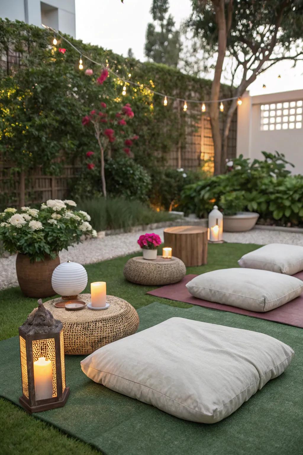 A serene contemplation precinct upon synthetic lawn.