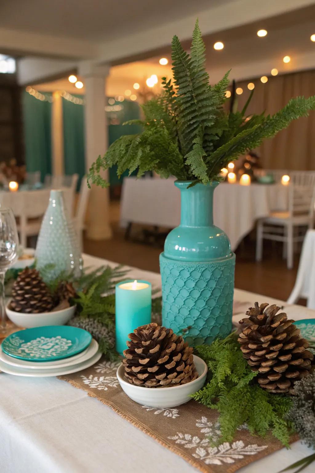 Seasonal highlights akin to conifer cones intermingle nature with elegance.