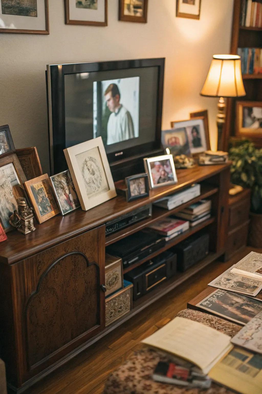 Individual accents, such as family portraits, atop a media console.