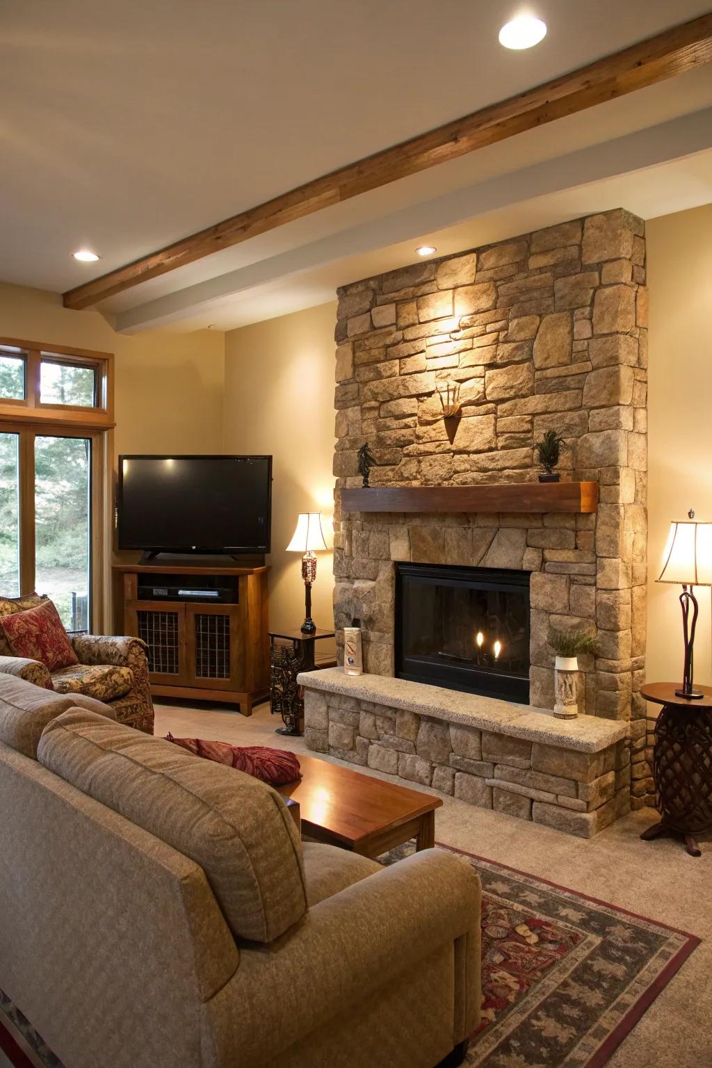 A living room TV wall using stone for an organic touch.