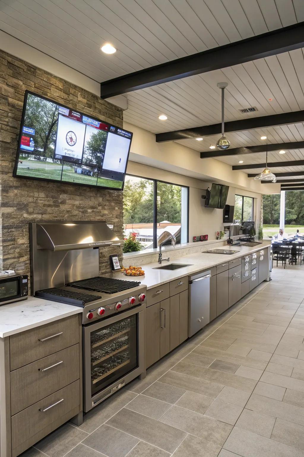 A cooking area designed for optimal visual entertainment system viewing from multiple angles.