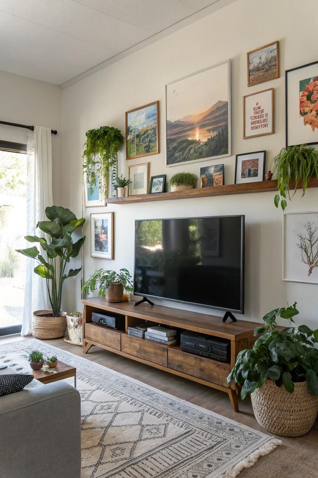 Art and decor soften and personalize a TV-centric space.