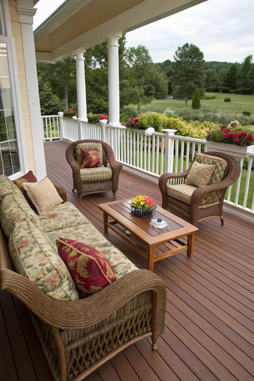 Saturated mahogany and cream create a lavish and refined deck ambiance.