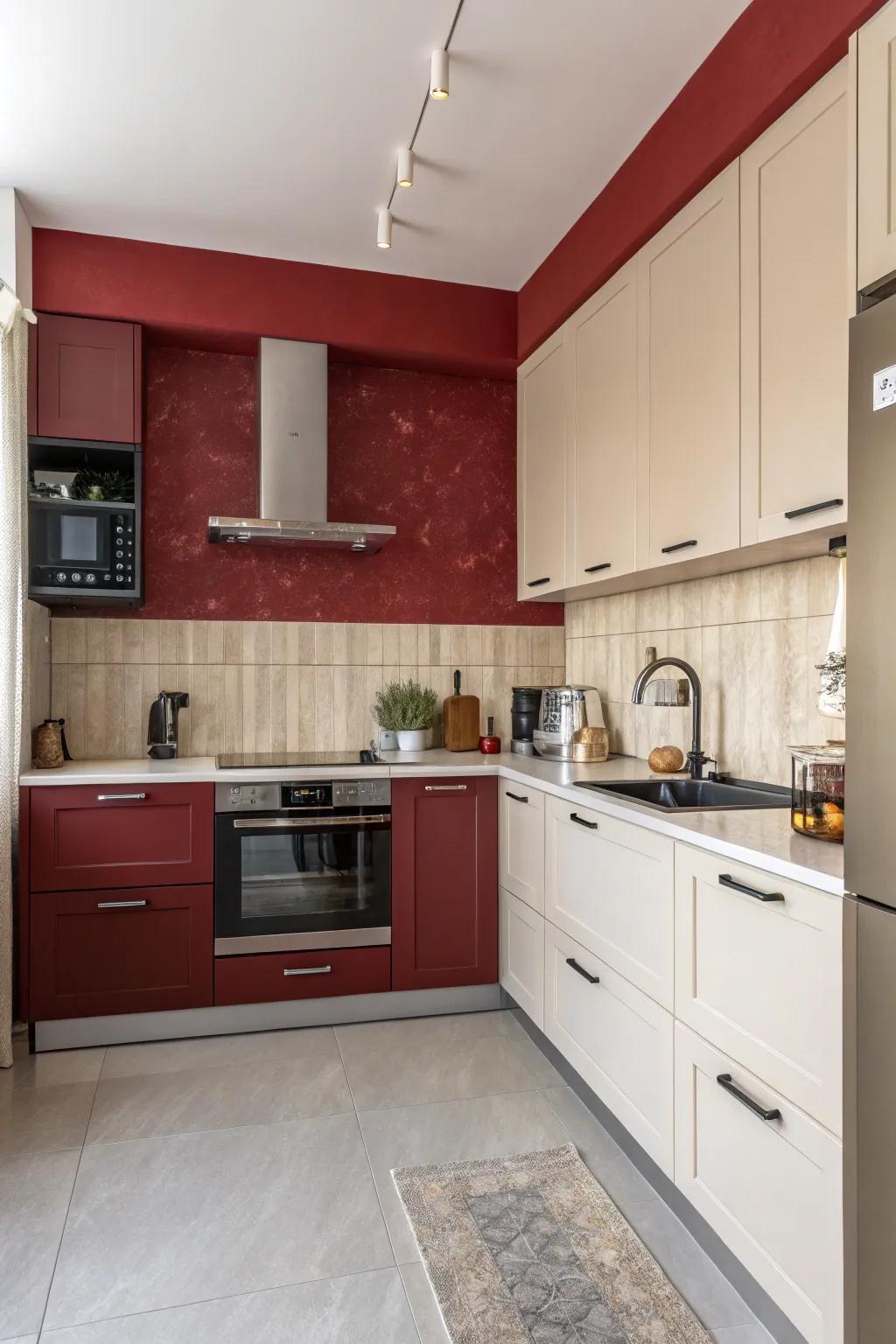 A dynamic ruby feature wall energizes the cooking area.