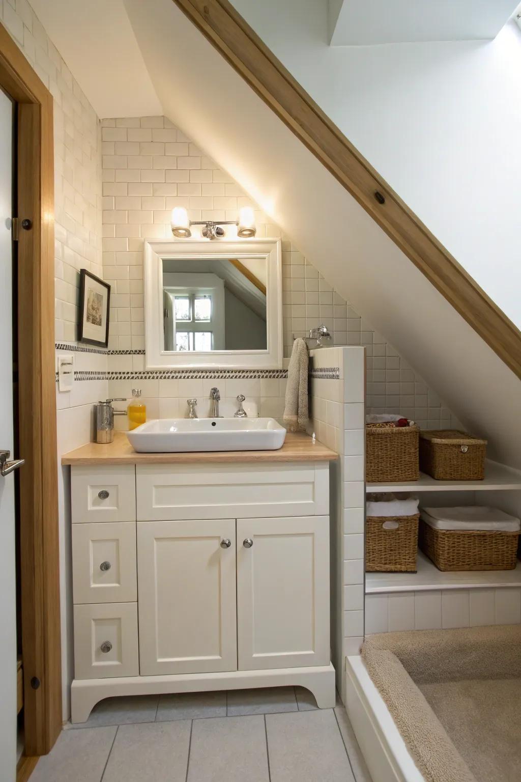 A below-stairs washroom featuring a custom-fit vanity under a sloped ceiling.