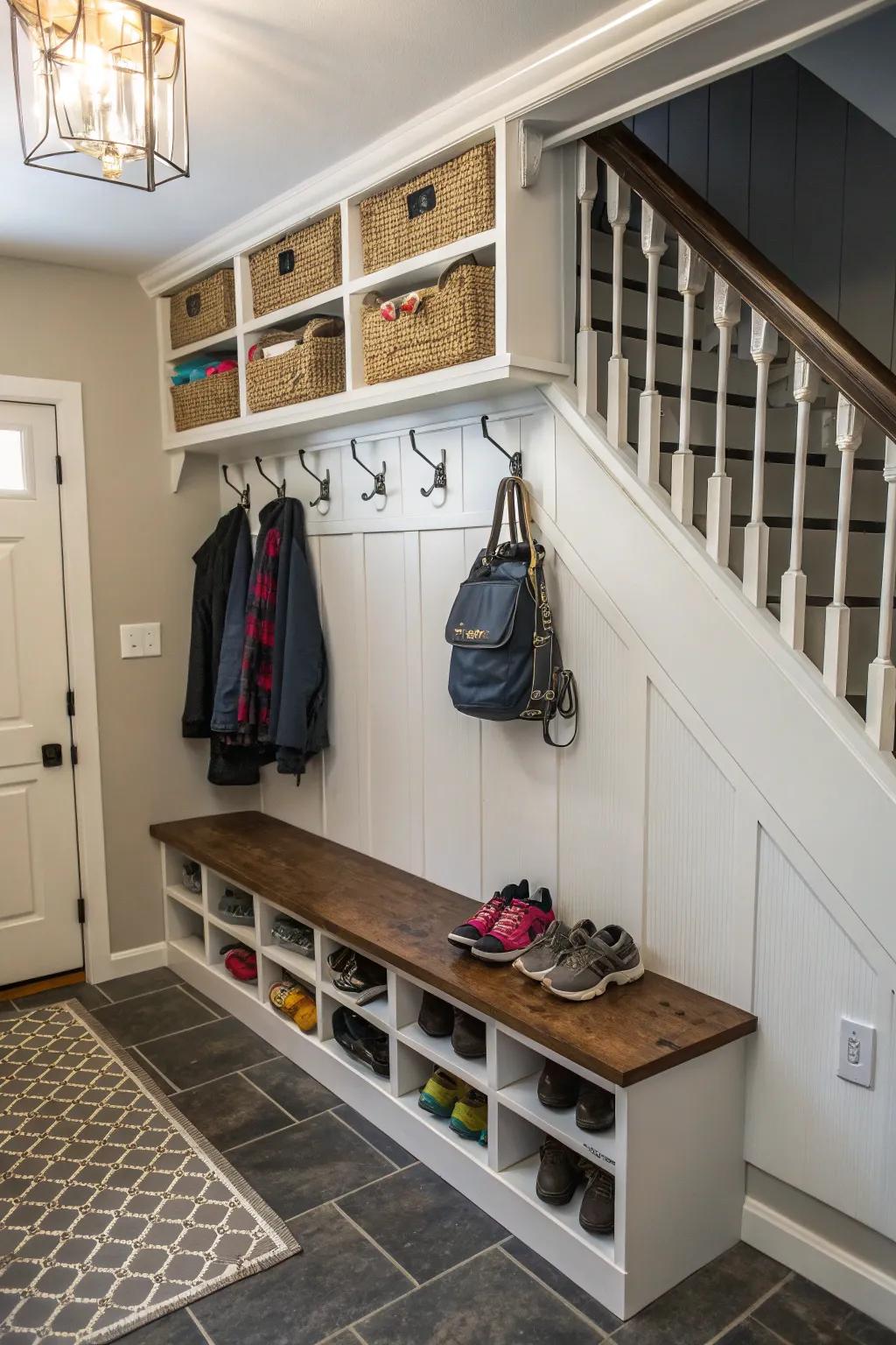 A mudroom situated beneath the staircase preserves the pristine condition of your entryway.