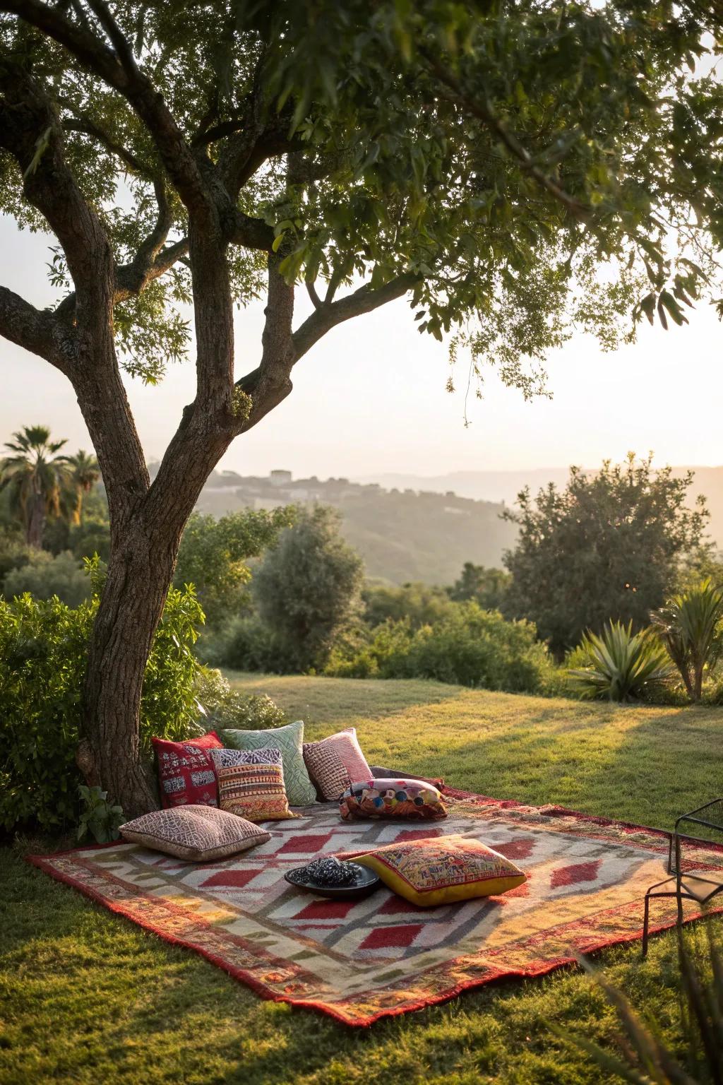 An outdoor rug contributes comfort and elegance to your tree-adjacent refuge.
