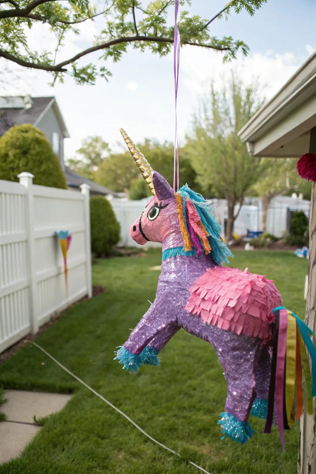 A DIY unicorn piñata ready for party fun.