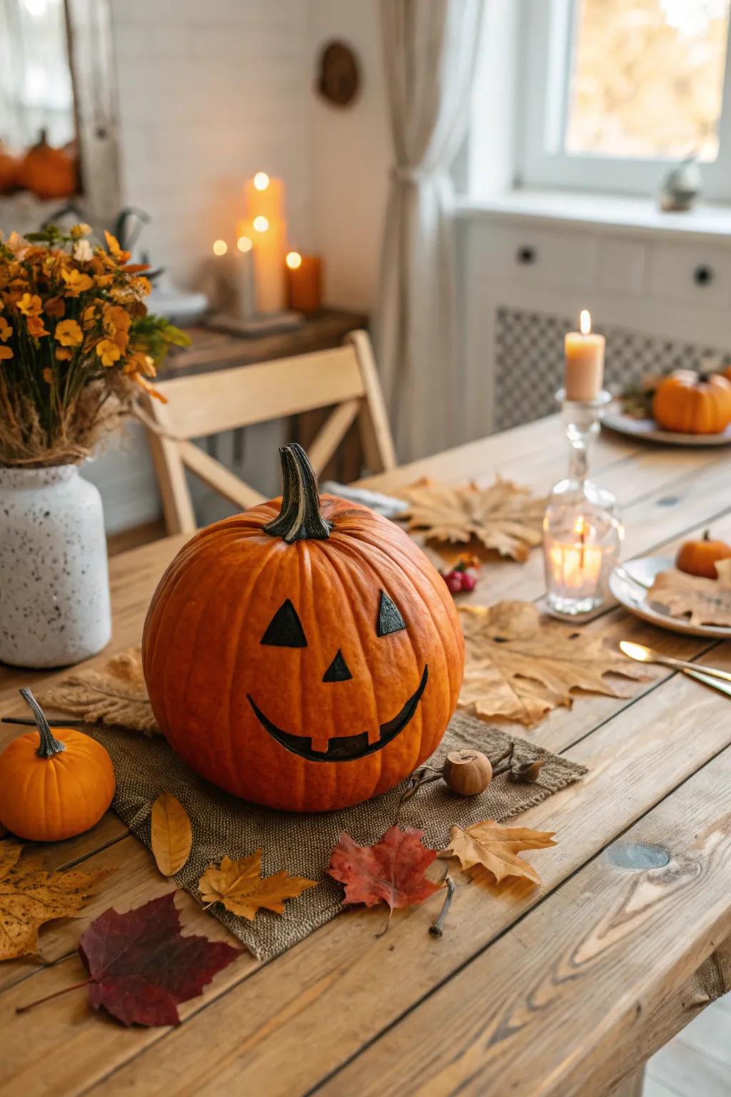 A minimalist pumpkin featuring a simple, cheerful smile.