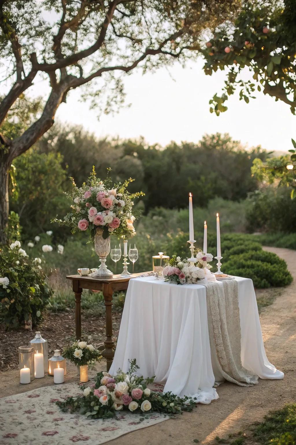 An outdoor garden location enhances the charm of this unity candle platform.