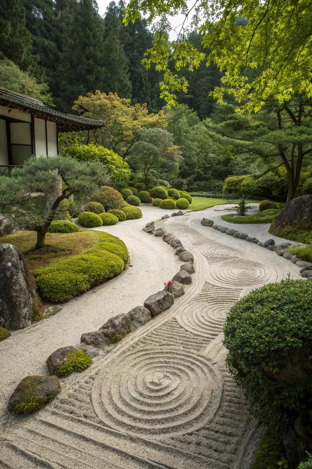 Japanese garden themes use sand to create balance and peace.