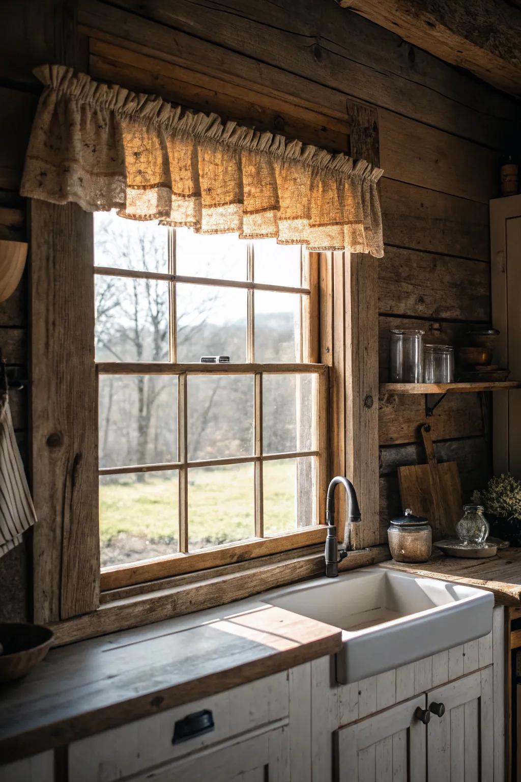 A window showcasing a rustic wood valance board in a farmhouse-styled culinary space.