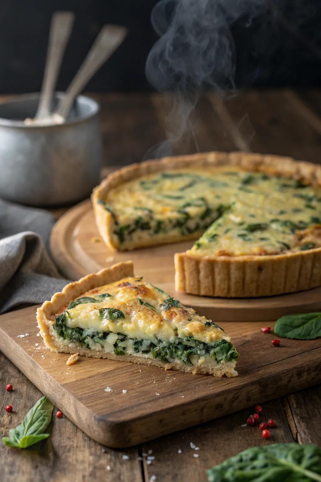 A savory spinach and cheese egg tart, ideal for brunch.