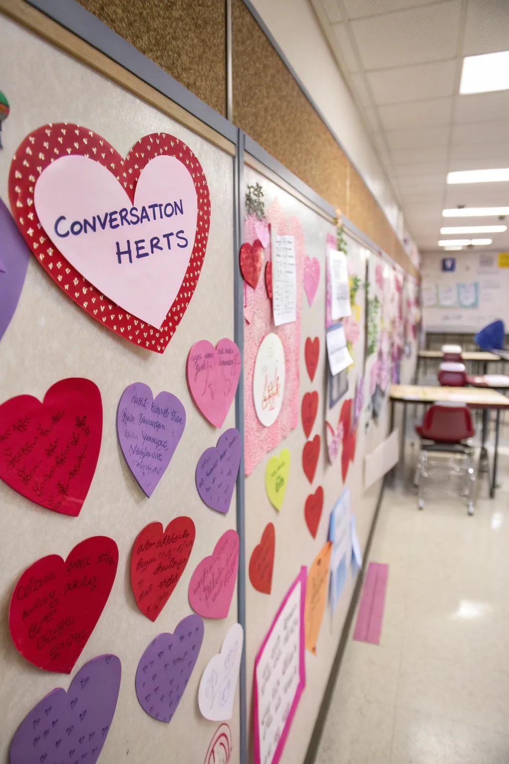 A display showcasing kaleidoscopic colloquial hearts bearing personalized inscriptions.