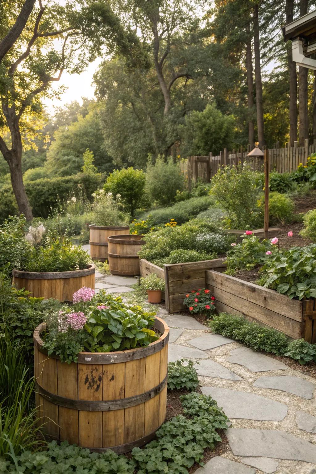 Country-inspired wood planters amplify the garden's intrinsic allure.