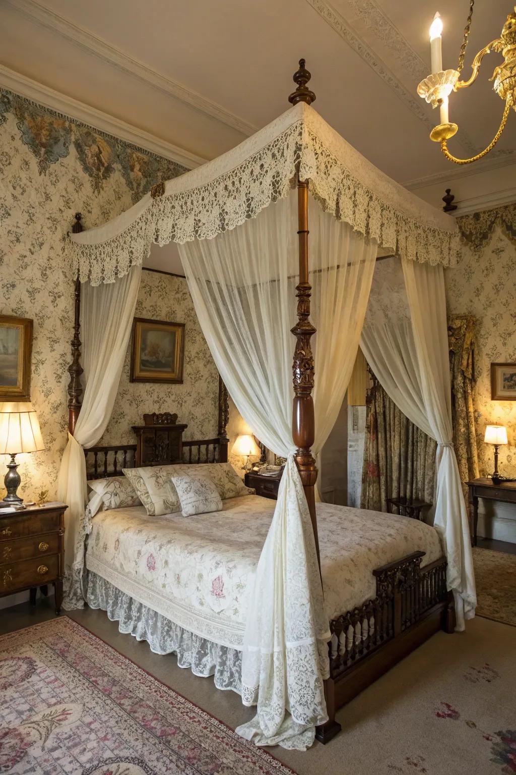 A four-poster bed with drapery exudes Victorian sentimentality.