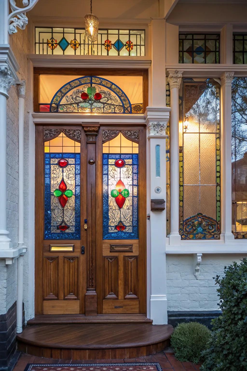 Stained glass inlays introduce color and light to this Victorian door.