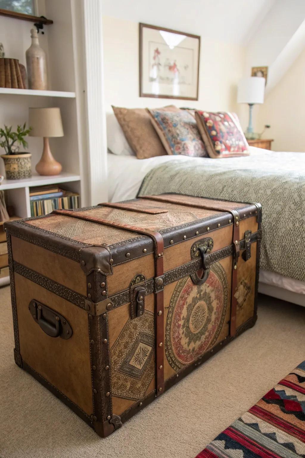 A vintage trunk doubling as both storage and an aesthetic element in a welcoming bedroom.