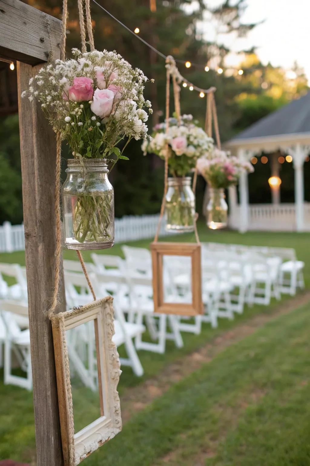Bloom arrangements in preserved containers suspended at an outdoor wedding.