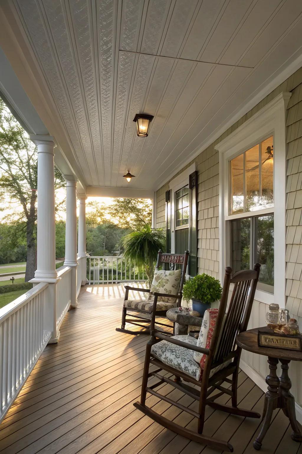 Vinyl soffit panels lend a timeless allure to porch ceilings.