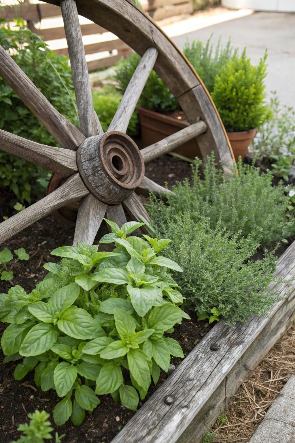 A carriage wheel organizing an herb cultivation into tidy segments for effortless access.
