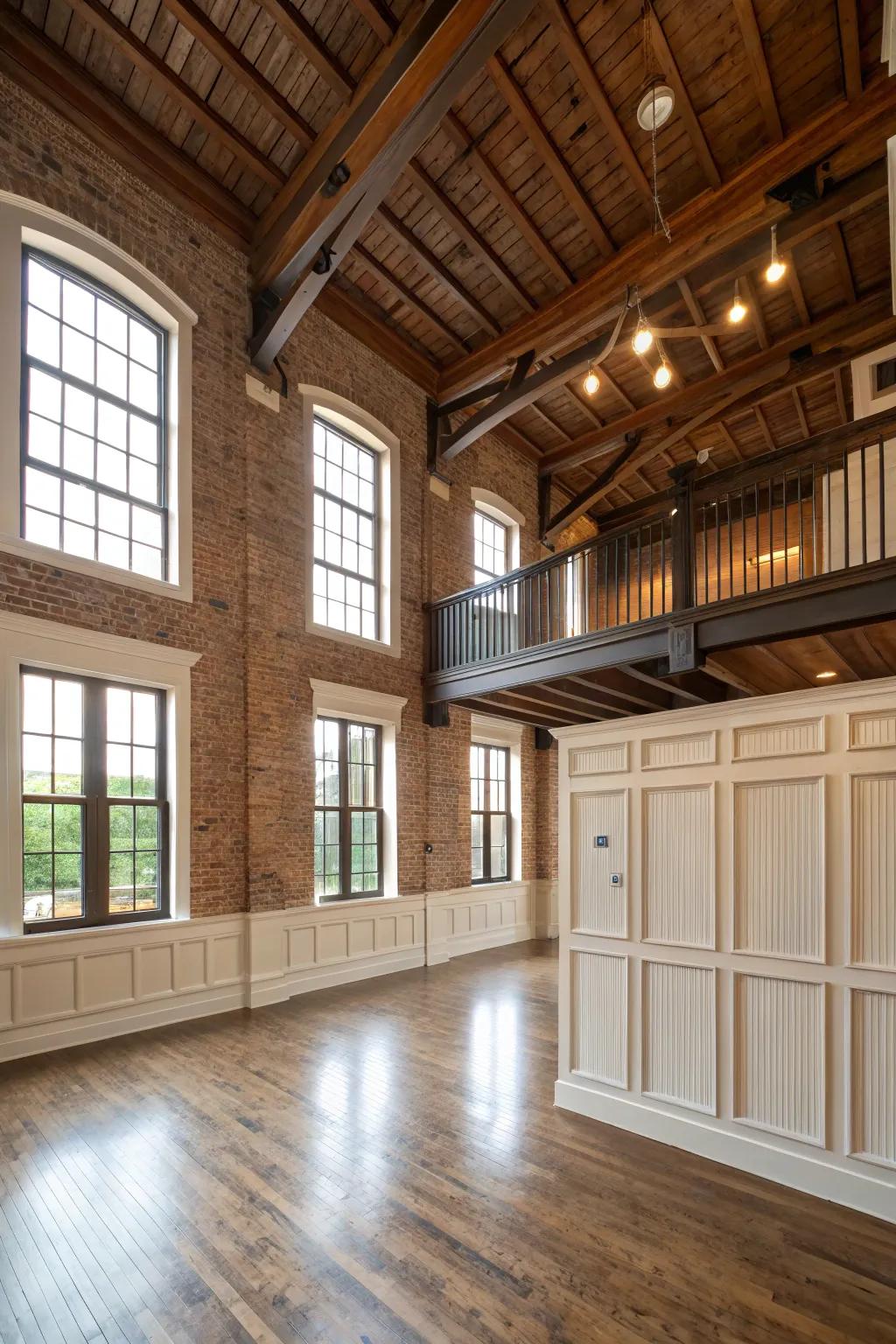 A loft ambiance featuring soaring, exquisite paneling.
