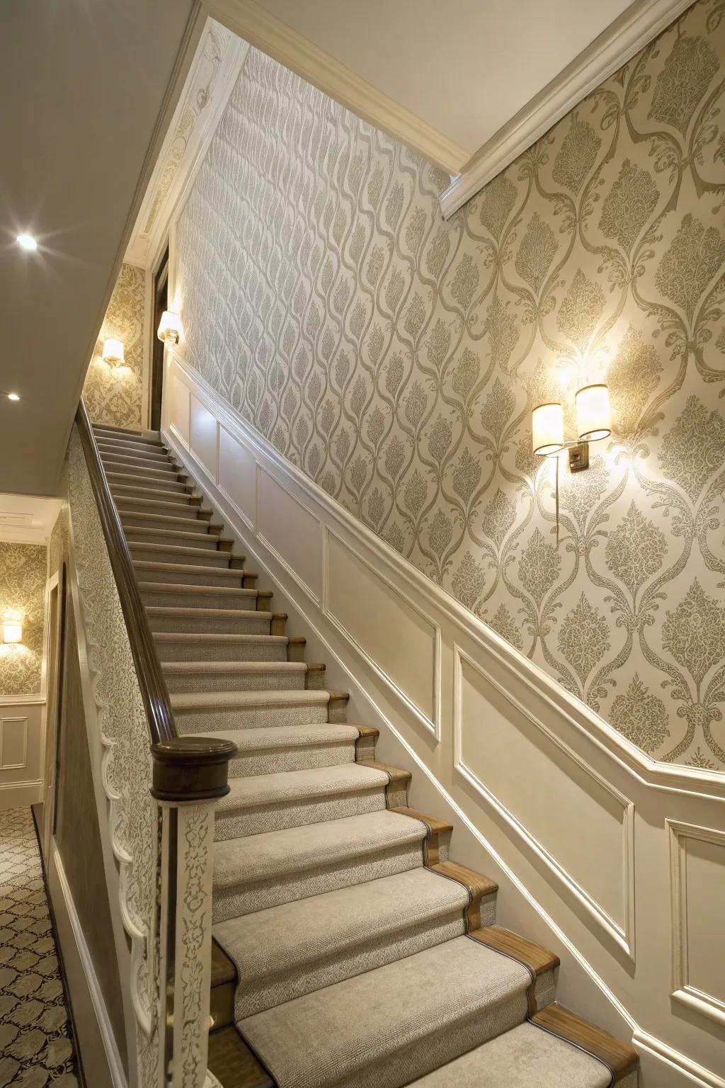 Wallpaper presents a facile means to impart personality to your staircase wall.