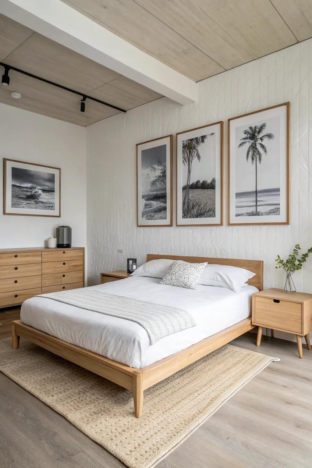 Nordic and simplified art generates a tranquil and organized bedroom.
