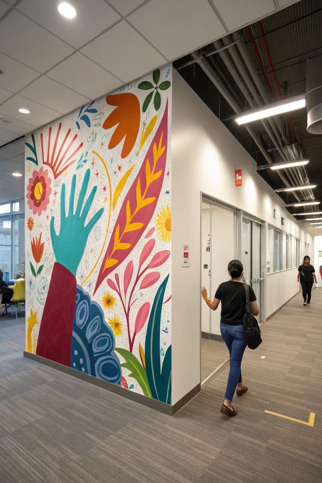 An abstract mural sparks creativity within an office setting.