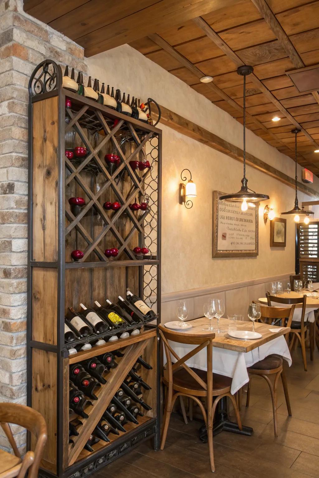 Timber and metallic racks contribute rustic fascination.