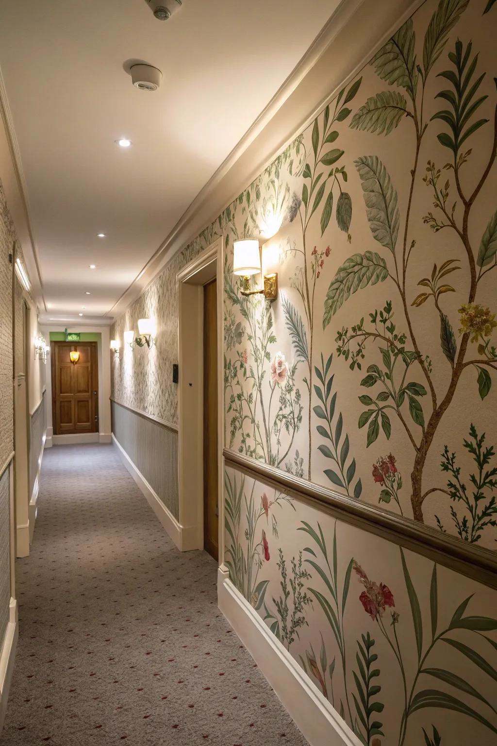 A corridor that extends a welcome through a nature-inspired wallpaper border.