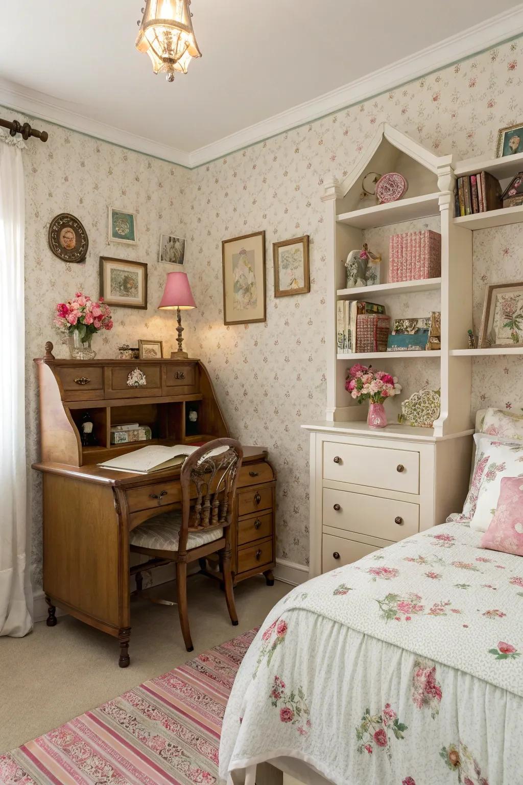Vintage charm imparts warmth and nostalgia to a girl's space.