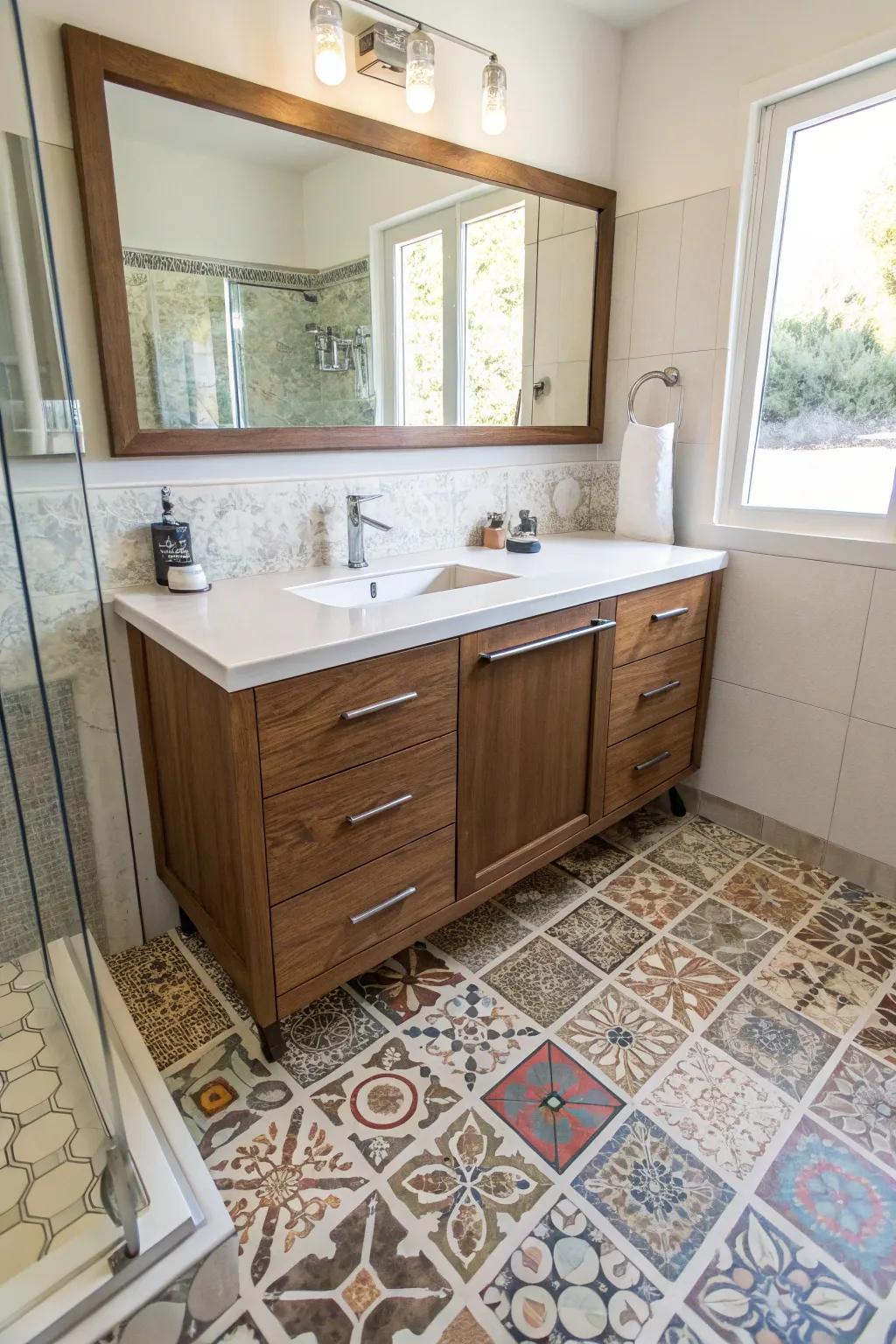 Infuse your bathroom with character through unique tile patterns.