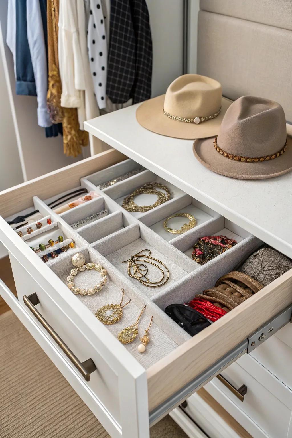 Drawers provide organized storage for small closet essentials.