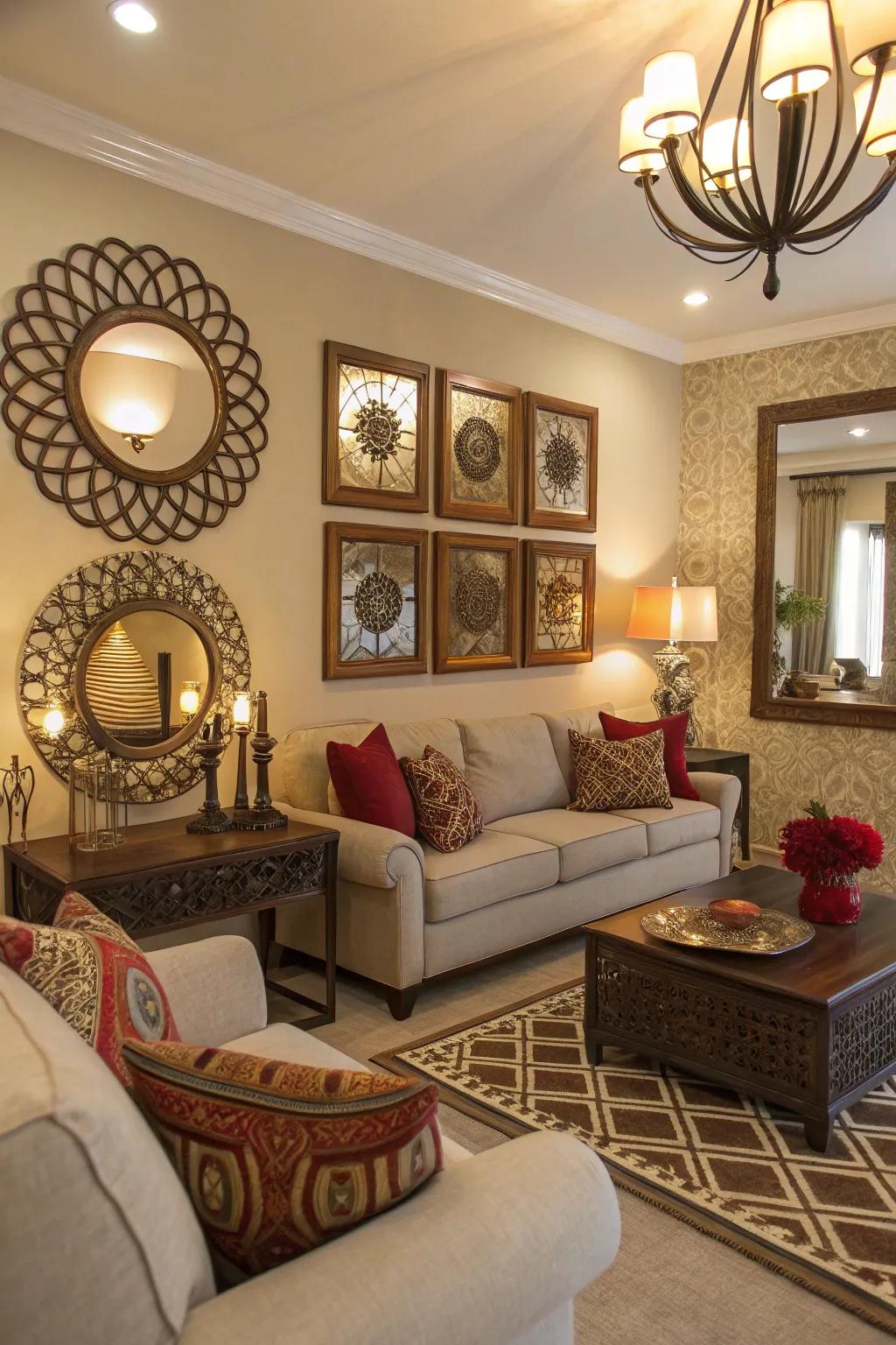 Artwork and reflectors expand the space, introducing depth and personality.