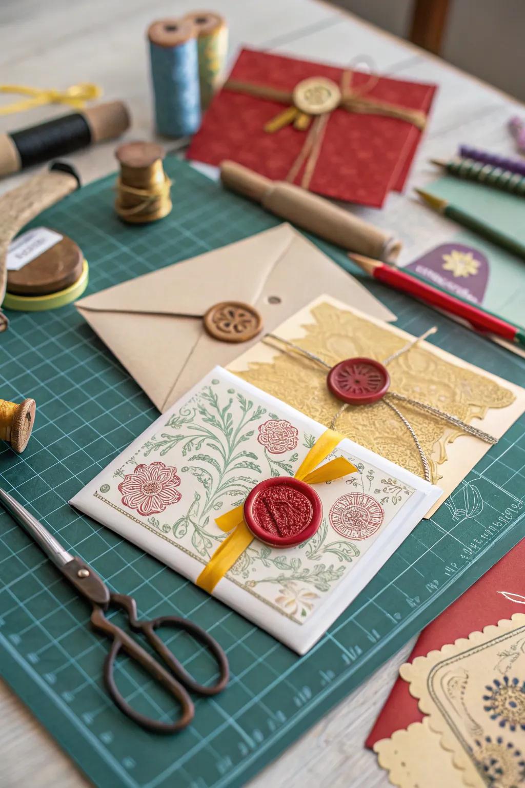 Handmade cards adorned with wax seals, adding a touch of elegance to your heartfelt creations.