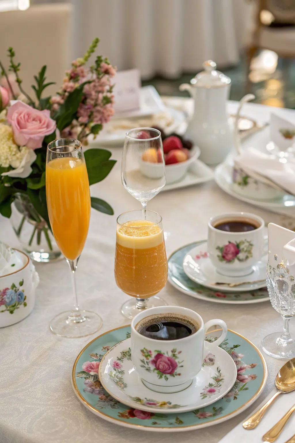 An alluring selection of beverages presented exquisitely for a wedding breakfast.