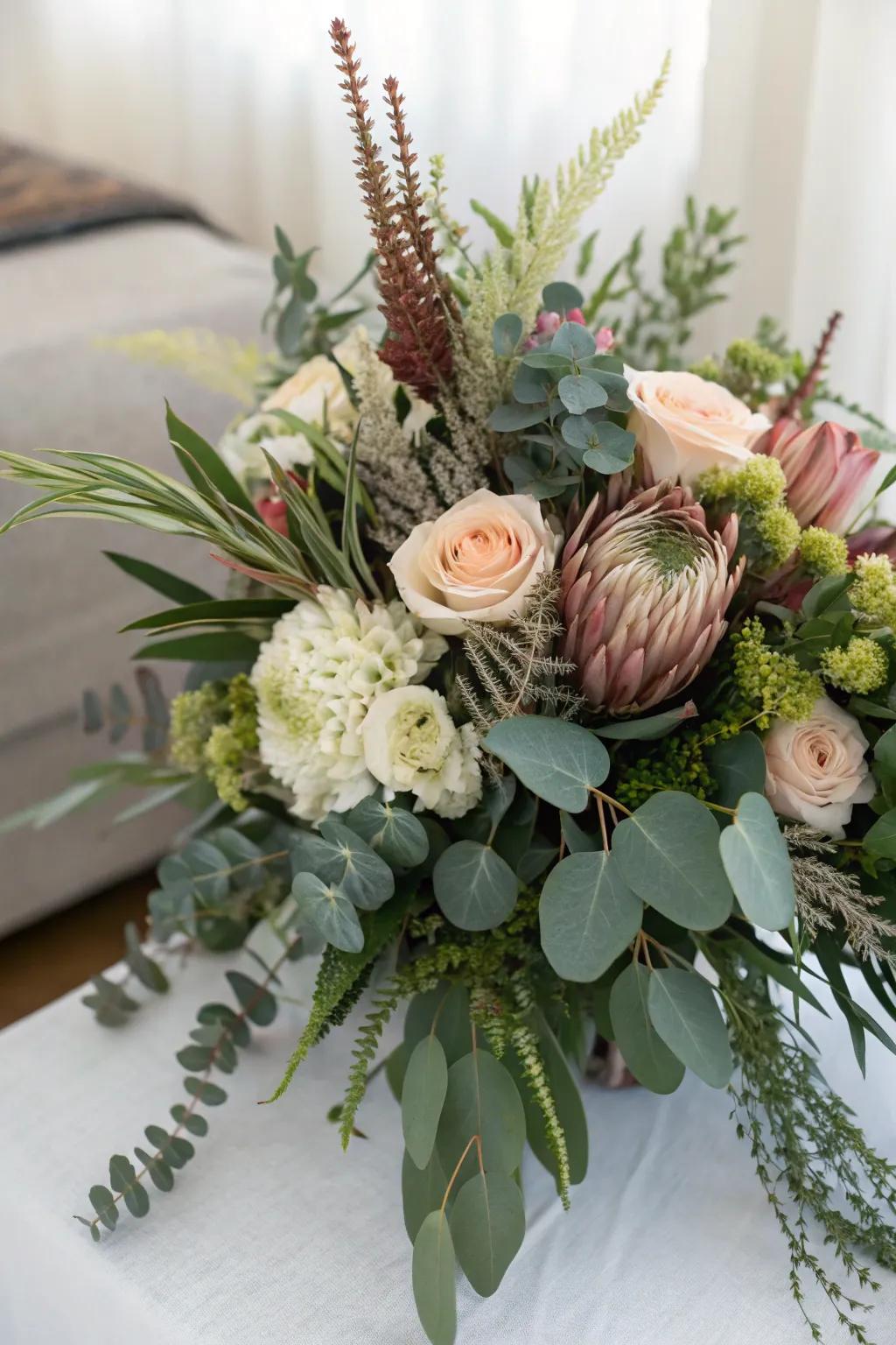 A textured floral arrangement employing verdure and foliage, enriching the wedding decor with depth and texture.
