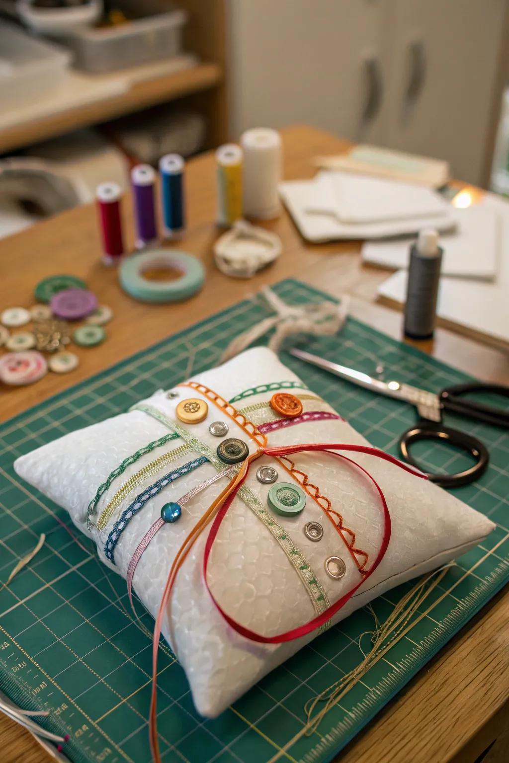 A singular handcrafted ring bearer cushion showcasing artisanal specifics.
