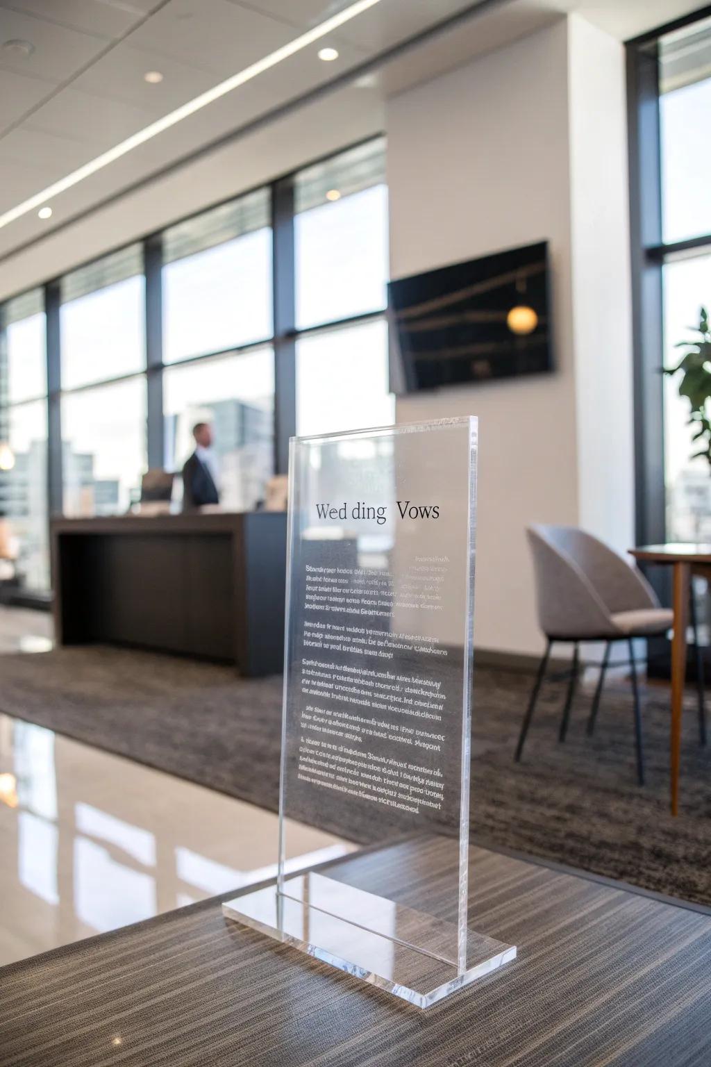 Polished transparent vow presentation contributing a modern accent to a study.